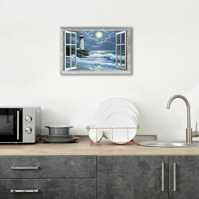 Lighthouse Nautical Wall Art Coastal Beach Pictures Wall Decor Ocean Canvas Prints Window Decorations Painting Framed Artwork Office Home Decor For Bathroom Bedroom Dining Living Room 24"x16"