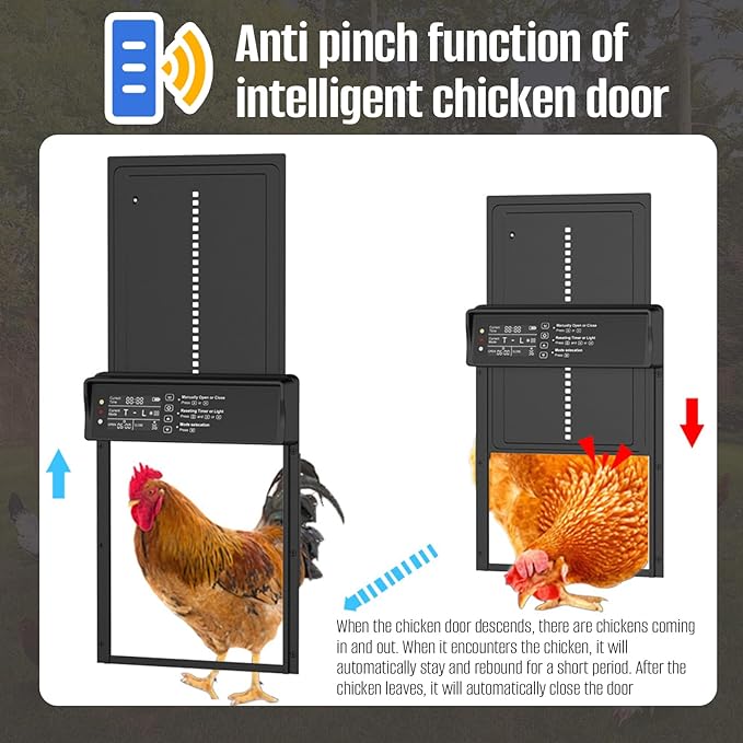 Automatic Chicken Coop Door Solar Powered, Third-Generation Upgraded, Aluminum Alloy | Light Sensor & Timer | Anti-Pinch | LCD Dsipiay | Remote Control | Low Battery Reminder | Alarm Mode