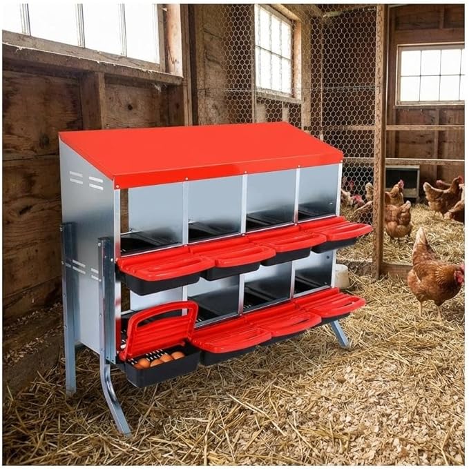 Wall-Mountable Galvanized Steel Chicken Nesting Boxes, 6/8Hole Metal Laying Box with Ventilated Design, Roll Away Egg Collection Tray, Weatherproof Hen Roosting Boxes for Coop