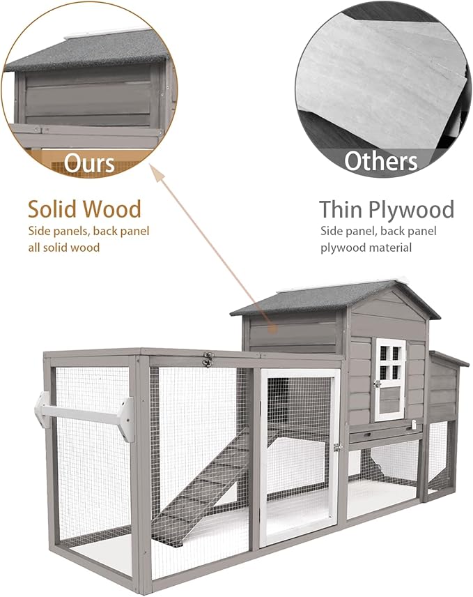 Chicken Coop Solid Wood with Large Run Cage 2 Stories - Asphalt Roof, Nest Box, Pu Wheels, Expandable Solid Wood Cage