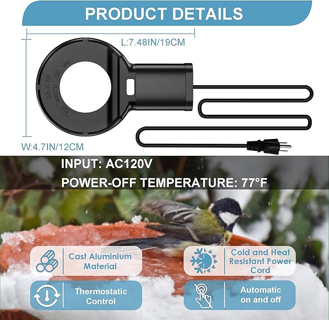 500 Watt Utility De-Icer Submergible Cast Aluminum Chicken Water Heater for Livestock Tank Heater Winter Bird Bath Heater (1, Black)