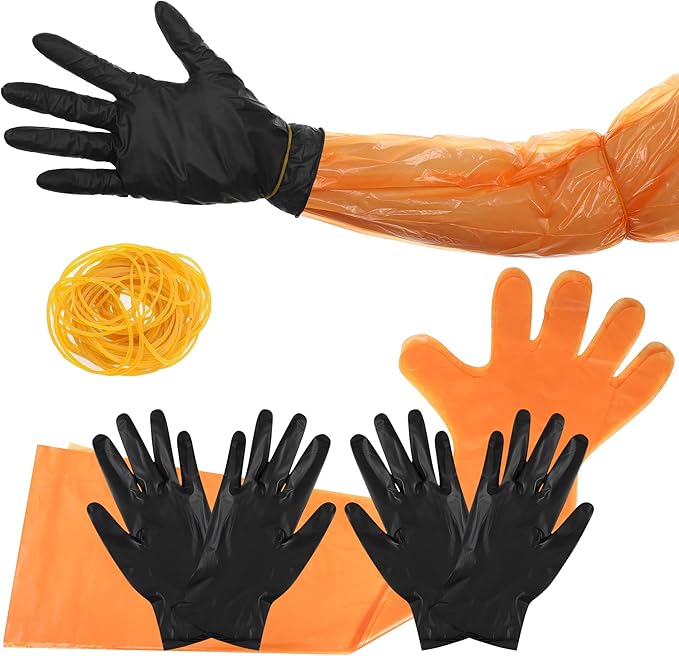 50 Pairs Field Dressing Gloves Disposable Deer Gutting Mittens Hunting Cleaning Gloves Combo with Long Arm Glove and Short Nitrile Glove for Hunting Cleaning Accessories