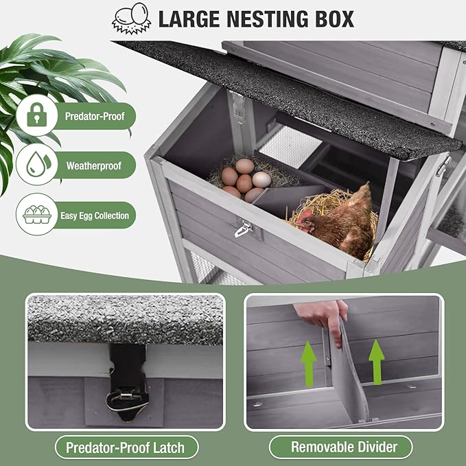 Mobile Chicken Coop Large Hen House Poultry Cage with Wheels, Weatherproof Asphalt Roof, Sectionable Nesting Box, Leakproof Pull-Out Tray for 4-6 Chickens, 82.4" L x 25.8" W x 44.1" H (Grey)