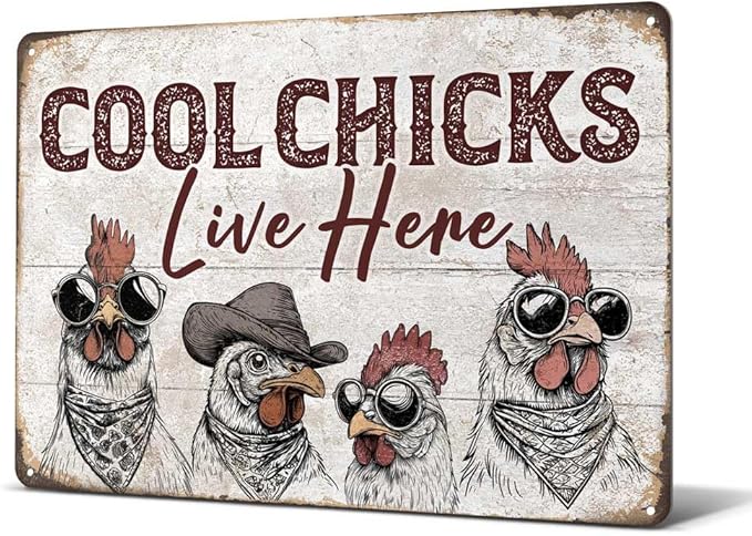 Heuhuww Chicken Coop Decor Cool Chicks Live Here Tin Sign for Farm Home Chicken Coop Vintage Rooster Decor 12" x 8"(H3)