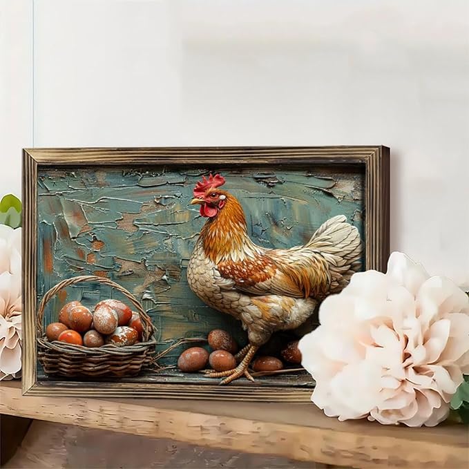 Rustic Long Wooden Framed Art Rustic Hen Eggs Basket Texture Farmhouse Style Wall Decor Sign for Tabletop Or Hanging - Durable Handcrafted Wood Print - Home & Office Decoration