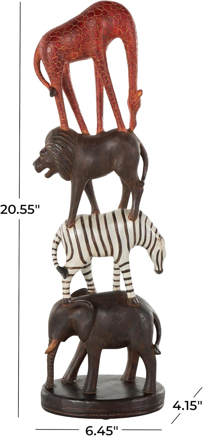 Deco 79 Polystone Safari Animals Decorative Sculpture Stacked Home Decor Statue with Round Base, Accent Figurine 6" x 4" x 21", Black