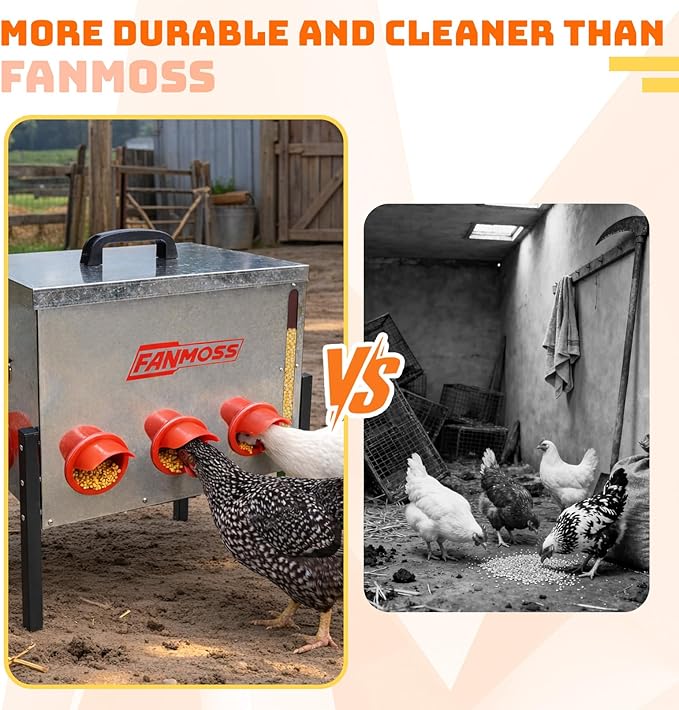60lb Automatic Chicken Feeder, 8 Ports No Waste Chicken Feeder with Viewing Window, Locking Lid, Adjustable Legs & Waterproof Silo, Large Metal Poultry Feeder for Hens, Ducks, Geese, Poultry