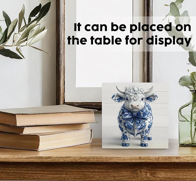 Blue and White Chinoiserie Cow Wooden Signs, Grand Millenial Bow Blue Cow Floral Home Decor Signs, Chinoiserie Porcelain Desk Decorations, Farmhouse Animal Office Kitchen Bathroom Decor