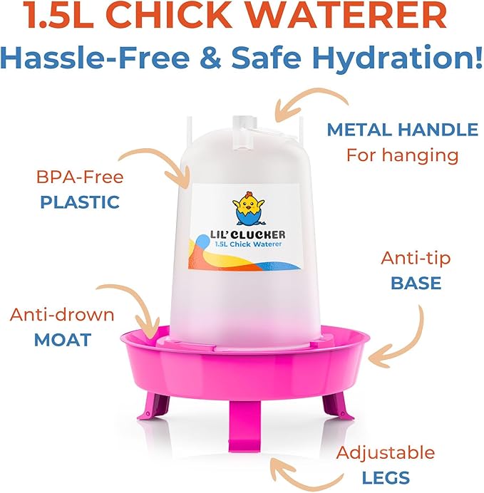 Lil'Clucker 1L Chick Feeder, 1.5L Chicken Waterer - No Leakage Chick Feeder and Waterer Kit, Durable Chicken Water Feeder, Chicken Feeder and Waterer Set, Poultry Waterer (Pink)