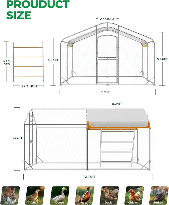 Large Metal Chicken Coop with Run, 12.6FT Walk-in Chicken Run for Yard with Waterproof & Anti-UV Cover, Spire Roof Outdoor Poultry Cage for Chickens Ducks Rabbits Backyard Farm with Ladder