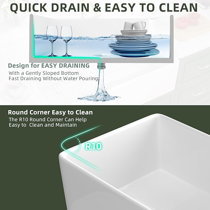TUKTUK White Farmhouse Sink 33 inch Fireclay Apron Front Farm House Kitchen Sink Single Bowl Deep Drop In Undermount Reversible Heavy Duty Easy to Clean Porcelain Kitchen Basin Modern Luxury Accessory