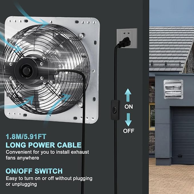 Criditpid 10 Inch Shutter Exhaust Fan 820 CFM, Wall Mounted Exhaust Fan with ON/OFF Power Cord for Greenhouse, Chicken Coop, Attic, Shed, Garage, Warehouses Ventilation, Low Noise louvered Vent Fan.