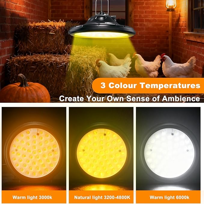 Solar Chicken Coop Light with Timer, Outdoor Solar Pendant Lights IP66 Waterproof & 16.4ft Cord, 3-Color Dimmable Shed Lights for Sheds, Chicken Coop, Farm, Stables