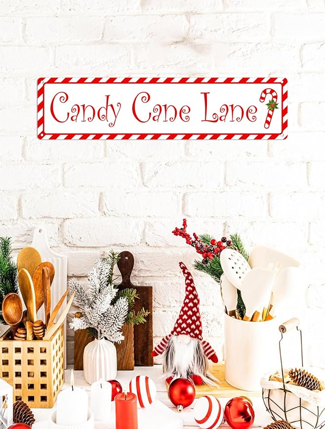 Candy Cane Lane Metal Tin Sign Vintage Funny Christmas Sign for Cafe Home Bar Farmhouse Christmas Art Wall Decoration Retro Poster 4x16 Inch