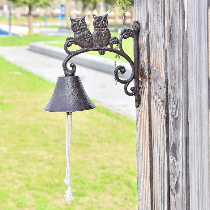 Sungmor Heavy Duty Cast Iron Wall Bell - Decorative Retro Style Lovely Owls Hand Bell - Manually Shaking Wall Hanging Doorbell - Indoor Outdoor Wall Mounted Dinner Bell - Garden Home Wall Decoration