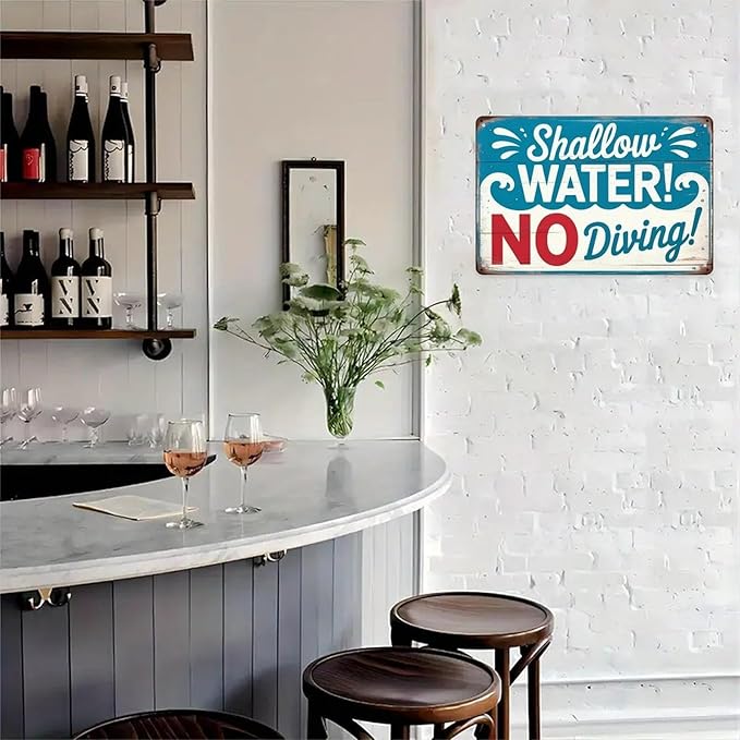 Shallow Water No Diving Tin Sign Vintage Swimming Pool Rules Metal Sign Print Aesthetic for Garden Yard Bar Porch Home Bedroom Kitchen Wall Decor Gift 8 X 12 in