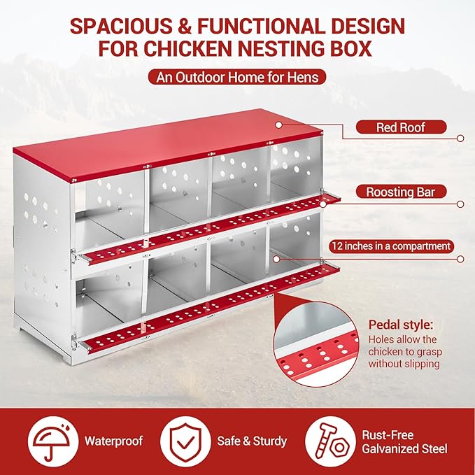 Heavy Duty Metal Chicken Nesting Box – 8 Compartments, Roll-Away Egg Tray, Pull-Out Cleaning Tray, Swing Perch, Wall Mount, Without Cover-Red, 128×48×71cm