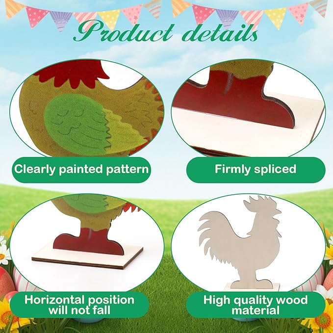 2pcs Easter Chicken Decoration for Home Farmhouse Rooster Decor Chicken Party Decoration Wooden Sign Wood Cutout Ornament Hen Craft Table Kitchen Garden Tiered Tray