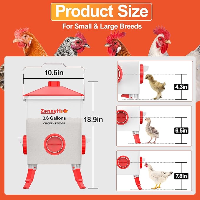 2 * 3.6 Gallons Chicken Feeder Bucket with 3 Adjustable Heights, 8 Port Feeder and Anti Roost Cone