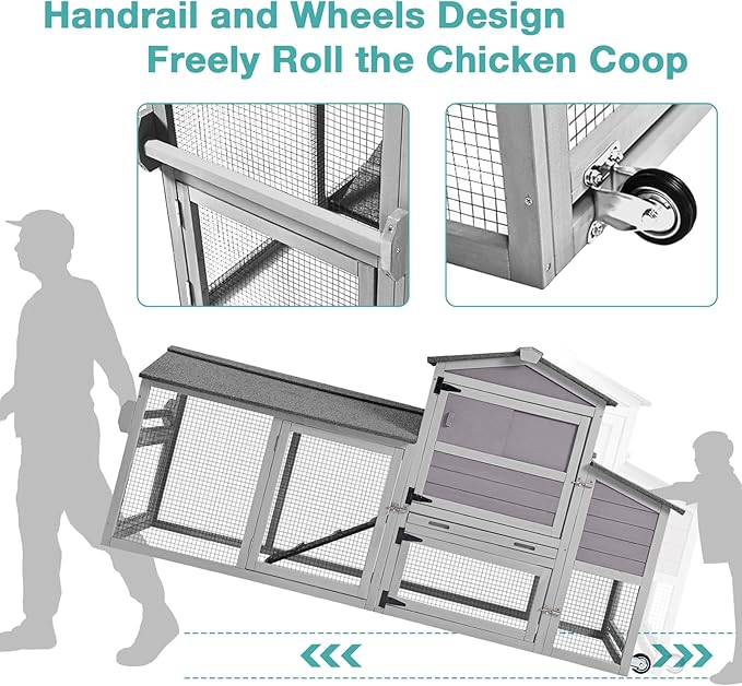 Chicken Coop, Mobile Chicken House with Wheels, Outdoor Hen House Poultry Cage with Nesting Box, Leakproof Pull Out Tray and UV-Resistant Roof (78.9" L x 26.6" W x 42.5" H)