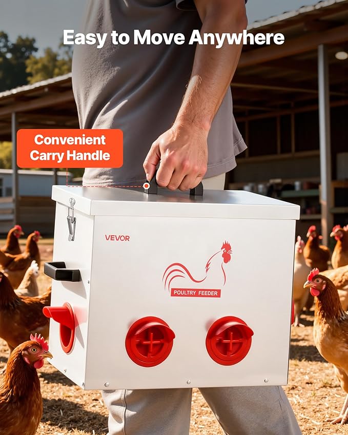 VEVOR Automatic Chicken Feeder, 40 lbs Capacity, 6 Feeding Ports No-Waste Poultry Feeder with Built-in Divider, with Latch & Handle, Metal Construction, for Chickens Bantams Pheasants Poultry Coop
