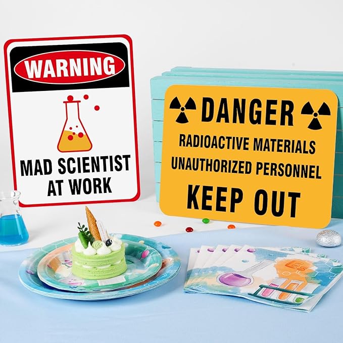 WERNNSAI Science Party Decorations - 9PCS Science Birthday Party Decorations for Boys Girls Chemistry Theme Birthday Party Mad Scientist Sign for Science Classroom Funny Laboratory Sign Decor on Door