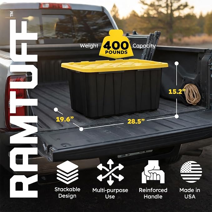 Ramtuff 6 Pack Heavy Duty Stackable Storage Container with Snap-Tight Lid, Resistant To Weather Organization Tote, 27 Gallon, Black and Yellow