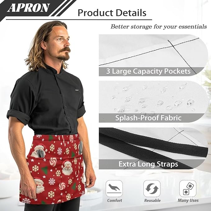 Waist Apron with 3 Pockets Waterproof 13 Inch Short Half Waist Aprons Women Men Server Aprons Waitress Waiter Apron