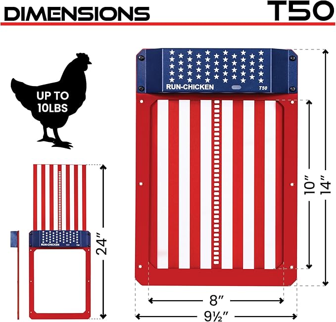 RUN-CHICKEN Door T50 – Automatic Chicken Coop Door Opener, Battery Powered & Weatherproof Aluminum, Smart App & Timer Control, Predator Proof, Easy Install, Reliable All-Season Performance (USA)