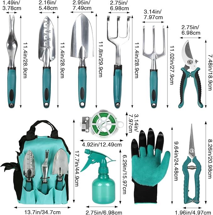 Garden Tools, Gardening Tool Set with Non-Slip Handles, Lightweight Aluminum Alloy Rust-Proof Gardening Hand Tools with Gloves Ideal Gardening Tools Gifts for Women and Men (11 Pcs)