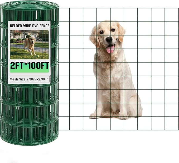 Gisafai Galvanized Welded Wire Fence 2 ft x 100 ft for Dog Chicken Hog Deer Goat Cattle 16ga Garden Border PVC Coated Fencing Roll Border Yard Vegetable Plant Animals Protection Poultry Netting(Green)