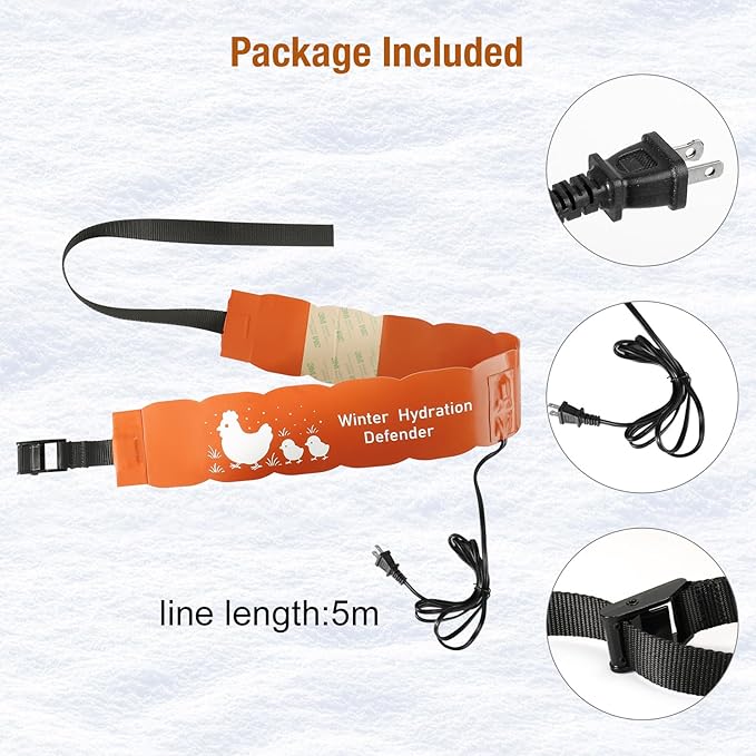 Thermostat Chicken Waterer Heater, Thermo Bucket Belt Heated Strap for 2-5Gal Bucket Chicken Waterers with 6ft Power Cord, 77℉ Automatic Shut-Off, Safe for Outdoor Use, Poultry Water Deicer