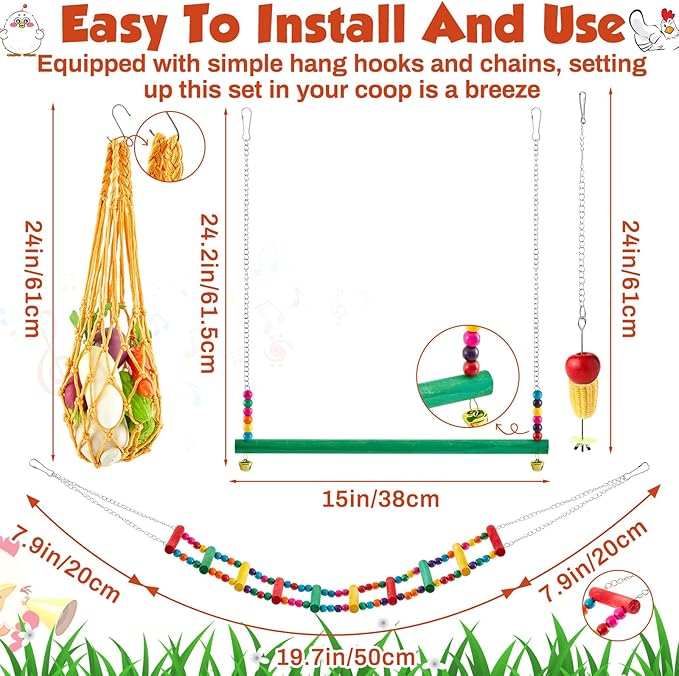 9 Pcs Chicken Toys for Coop, Wind Chime, Chicken Mirror Toys with Bells, Beak Grinding Stones Swing Vegetable Net Bag, Vegetable Fruits Hanging Fork for Hens Bird Parrot