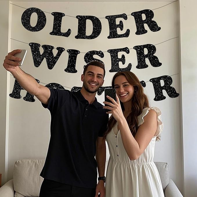 3pcs Pre-Strung Older Wiser Hotter Banner Funny Black Birthday Bunting Sign for Women Men 30th 40th 50th 60th 70th 80th Birthday Party Decorations