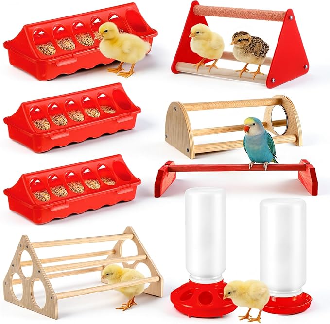 9 Pcs Chick Feeder and Waterer Kit Feeding Supplies with Mini Perch Chicken Starter Kit Small Chick Brooder Box for Chicken Duck Quail Coop Small Poultry