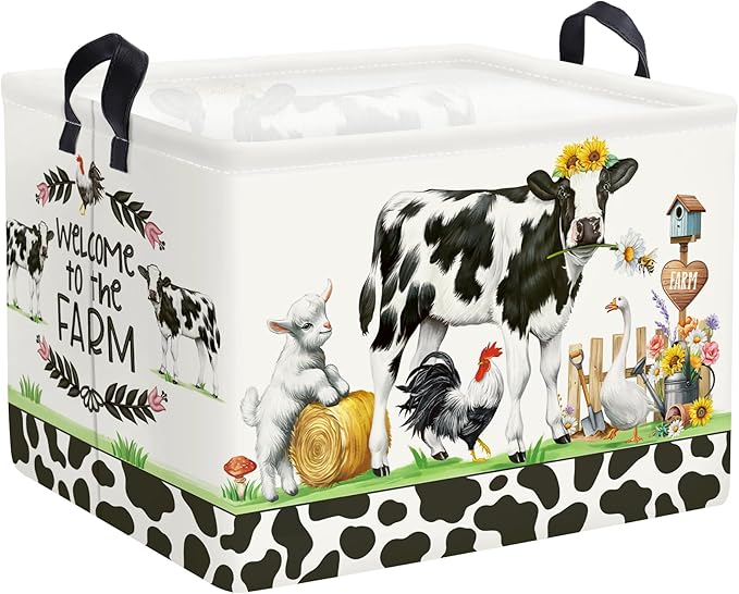 Farm Animals Storage Basket Collapsible Clothes Baby Nursery Hamper Large Book Shelf Basket Boy Girl Toy Box Bin for Kid Room, Cow, 36L