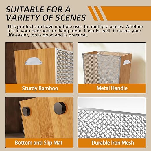 3 Gallon Bamboo-Wooden Trash Can - Rustic Office Waste Paper Basket - Decorative Garbage Bin for Bedroom, Bathroom, Kitchen, Living Room