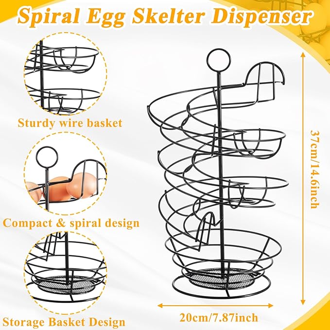 Zubebe 2 Pcs Egg Basket Storage, Spiral Fresh Egg Collecting Holder Countertop Metal Wire Rack Functional Dispenser for Kitchen Display(14.6'', Storage Basket Style)