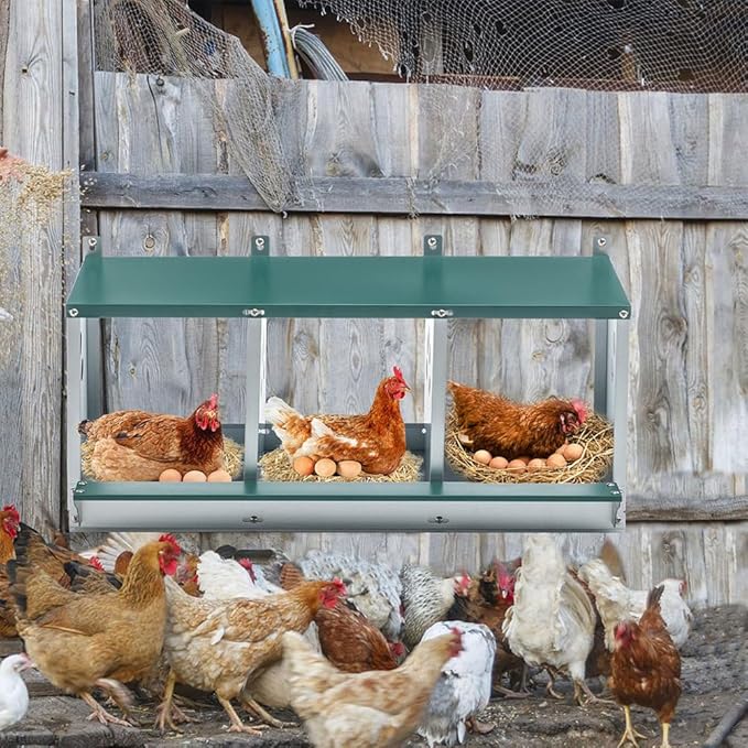 Chicken Nesting Box with 3 Compartments, Metal Roll Away Egg Laying Nest Box, Galvanized Steel Wall Mount Nesting Boxes for Chicken Coop, Poultry Hen Egg Collection, Green