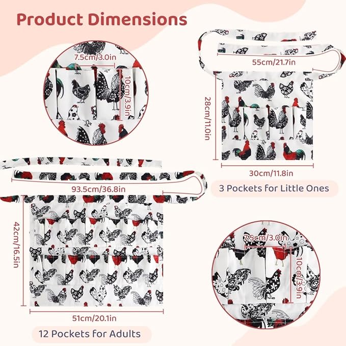 Two Pcs 3 Pockets Egg Collecting Apron, Aprons For Little Ones & Adults, Canvas Egg Gathering Apron 12 Pockets, Lasting For Duck Goose Chicken Eggs, Family Acting Farmhouse Kitchen