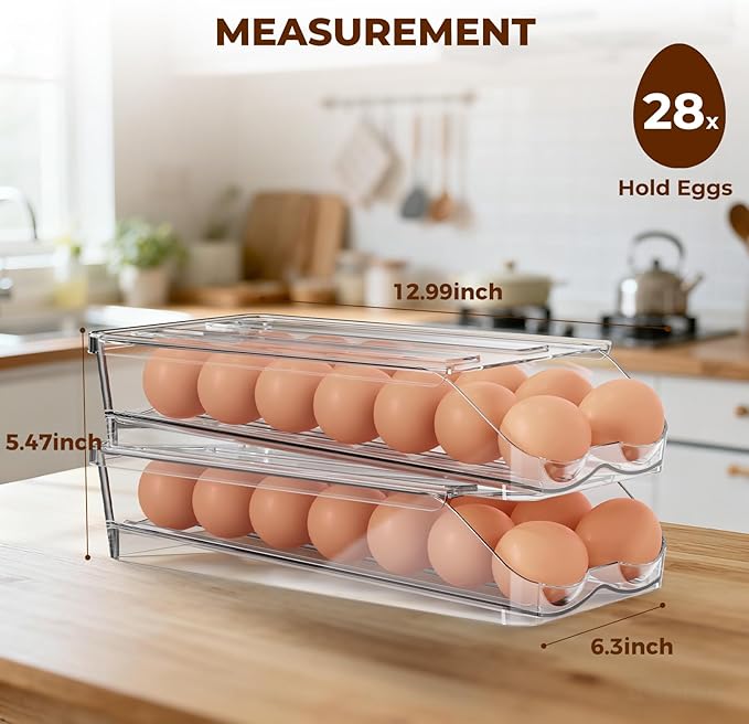 Egg Holder for Fridge,Automatic Rolling Egg Container for Refrigerator,Clear Stackable Egg Organizer with Removable Lid for Fridge Organizers and Storage,2 pack