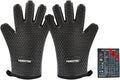 Silicone BBQ Cooking Gloves with Meat Smoker Guide，Heat Resistant Oven Mitts with Fingers，Long Protective Cotton Lined Barbecue Grilling Gloves 1 Pair for Kitchen, Cooking, and Baking Gifts (Black)