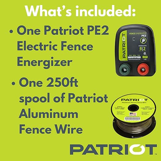 Patriot PE2 Electric Fence Energizer Plus 250-Feet Made in U.S.A. 17 Gauge Spool Aluminum Wire - Electric Fence Chargers for Livestock - Electric Fence Kit