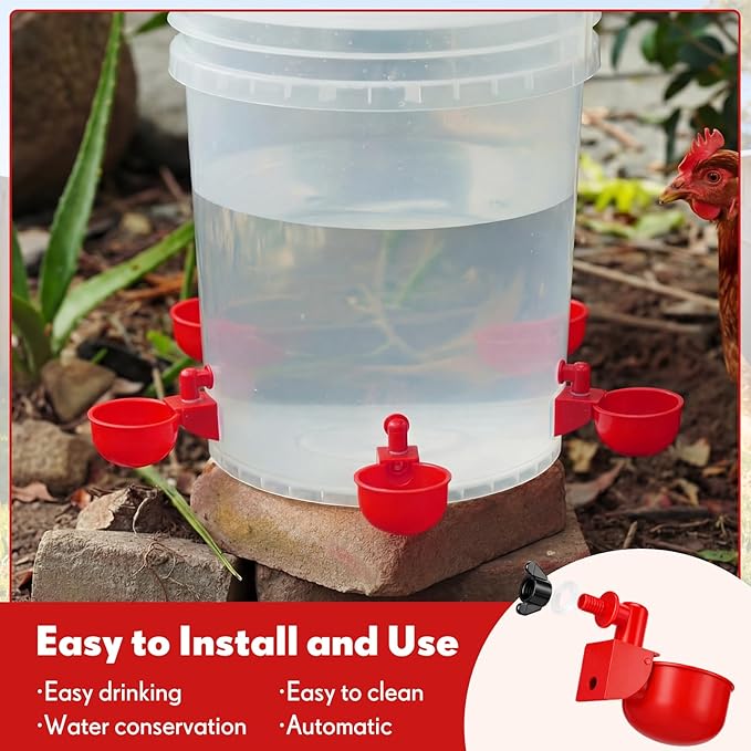 LemonRoad 30 Set Automatic Chicken Waterer Cups with 1/2" PVC Tee Fitting Chicken Drinking Bowl, Poultry Drinker Mounting Hole Opener,Water Dispenser Feeder for Duck, Goose, Turkey, Pigeon(Red)