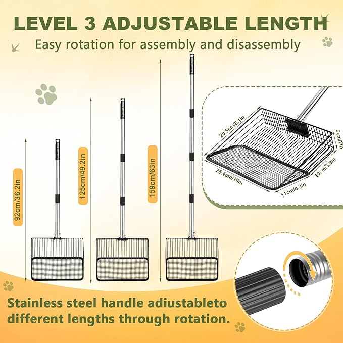 Chicken Poop Scooper - Stainless Steel Sifter Shovel 10 Inch Wide, 4-in-1 Detachable Tool 63 Inch Adjustable Metal Non-Slip Ergonomic Handle Heavy Duty Clog-Free Mesh Coop Scoop Cleaning Supplies