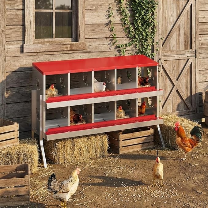 10 Holes Chicken Nesting Boxes, Nesting Boxes for Chickens, Easy to Clean and Install, Chicken Laying Box for Outdoor Chicken Coop Farm Yard, Red