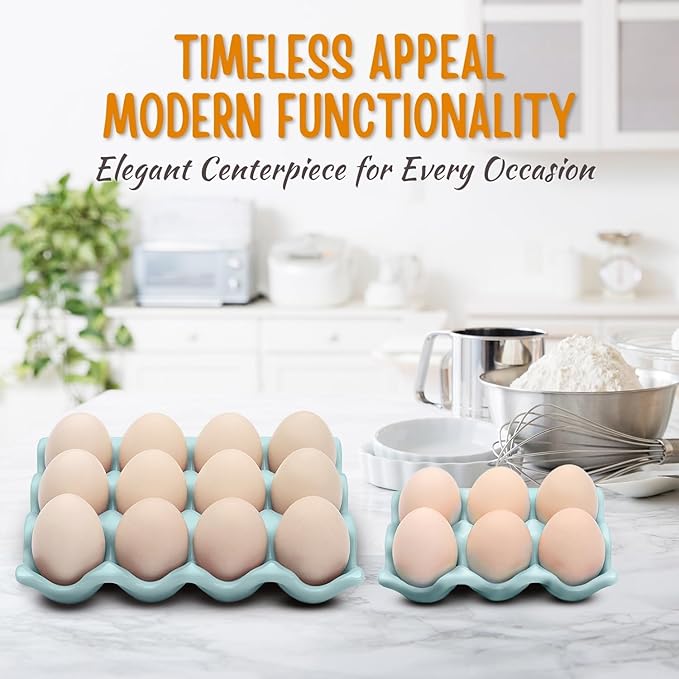 Flexzion 12 + 6 Cups Ceramic Egg Holder for Fridge - 18 Porcelain Egg Tray Container Keeper Storage Organizer Decorative Serving Stand Serveware for Refrigerator Countertop Display Kitchen (Blue)