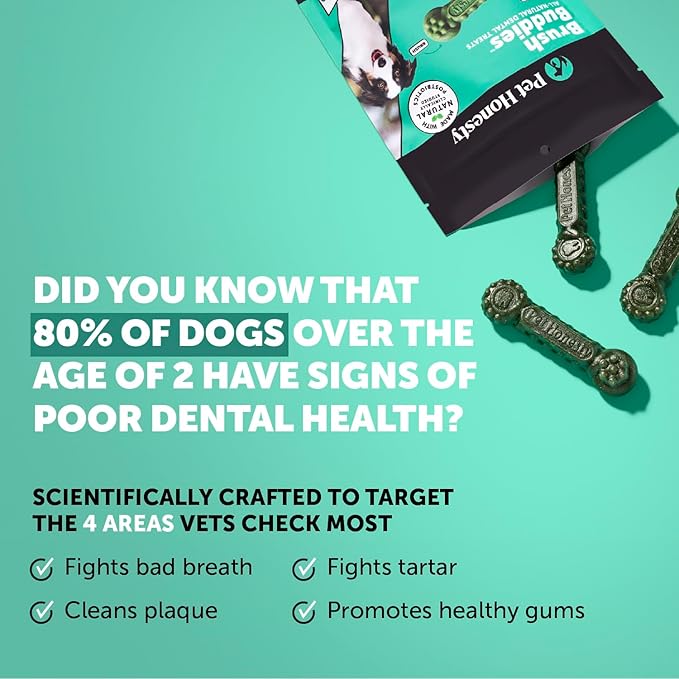 Pet Honesty Brush Buddies All Natural Dog Dental Treats for Dogs – Long Lasting Dental Sticks for Dogs, Teeth Cleaner, Breath Freshener, Plaque & Tartar Remover – Medium Sized Dogs (15 Count)