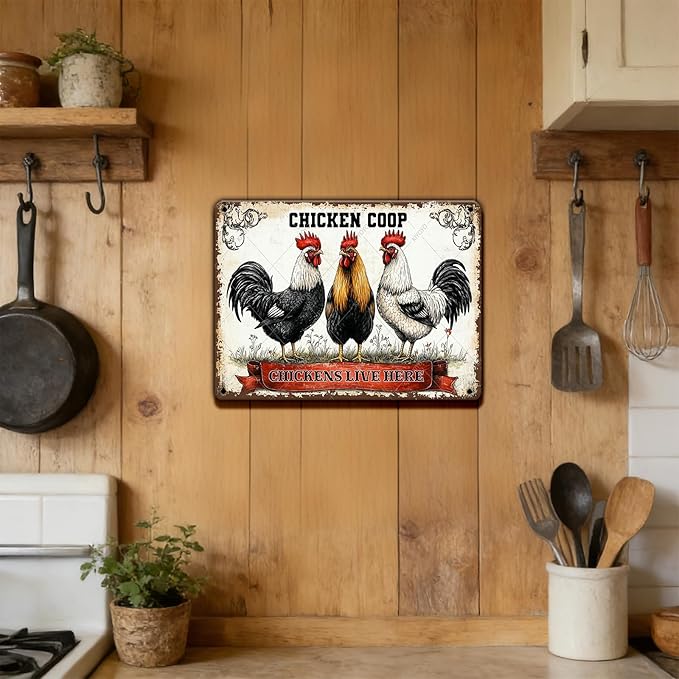 Funny Metal Tin Sign Chicken Coop Chickens Live Here Decoe for Farm Kitchen Garden Gift Metal Wall Art Rooster Hen Indoors or Outdoors 16x12 Inch