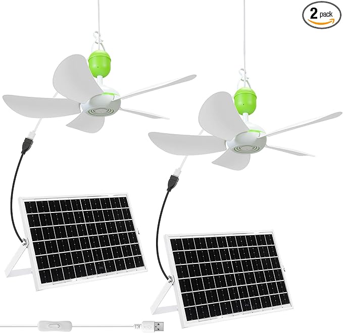 2 Set Solar Powered Ceiling Fan Kit for Outdoor Portable 15 W Solar Panel Powered USB Small Hanging Fan Dual Charging Modes for Chicken Coop Tent Greenhouse Gazebo Shed